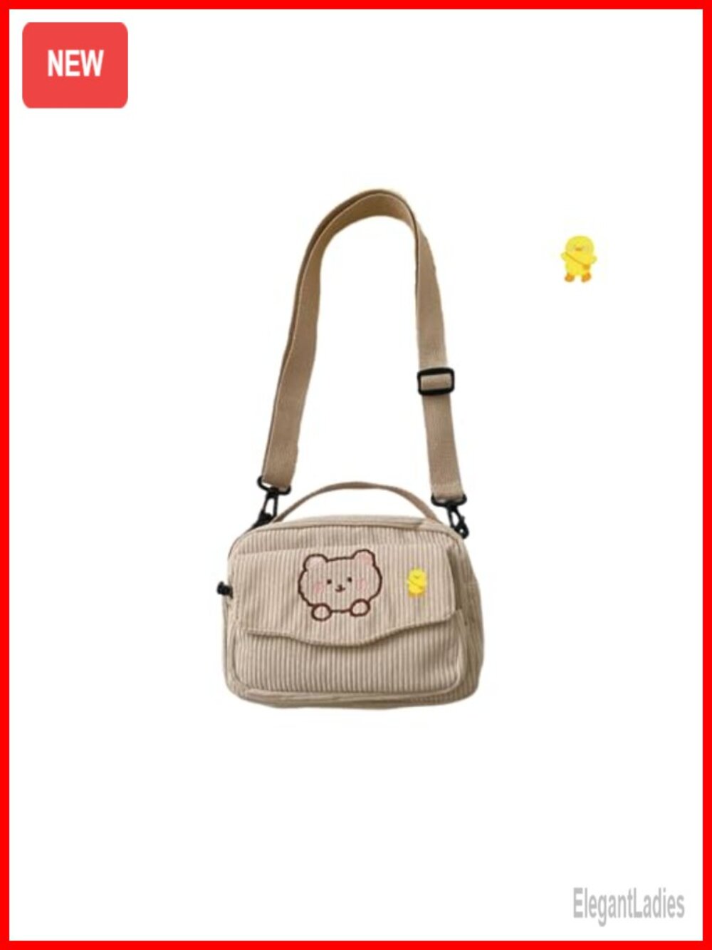Cute Kawaii Corduroy Crossbody Bag with Duck Pin Purse - Adjustable Strap